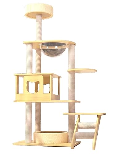 猫タワー 木製 140cm|宇宙船カプセル付き展望台・猫ハウス・爪とぎポール・クッション付き|大型猫・多頭飼いにも最適!おしゃれ猫タワー