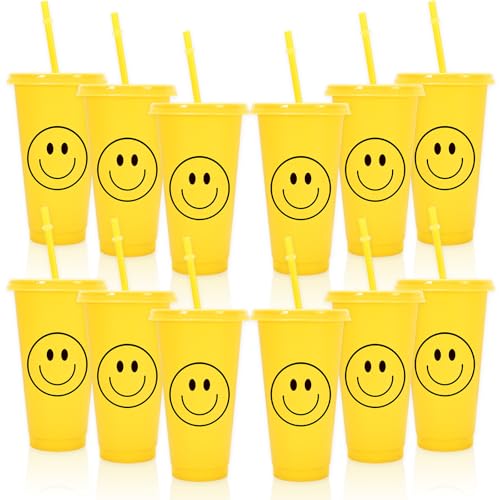 FYSUIMU 12Pcs One Happy Dude Smile Face Cold Cup with Straw and Lids Happy Face Reusable Plastic Cups Yellow Plastic Tumbler for Home Office Party Supplies