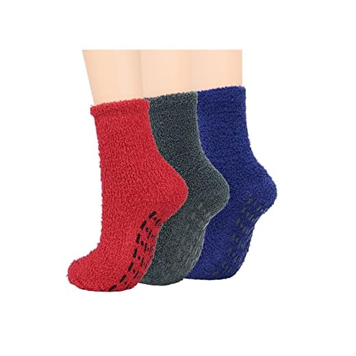 Century Star Non Slip Fuzzy Socks With Grips For Men Warm Cozy Socks Fluffy Socks Athletic Socks For Christmas 3 Pairs Red Navy Gray(Non-Slip) One Size