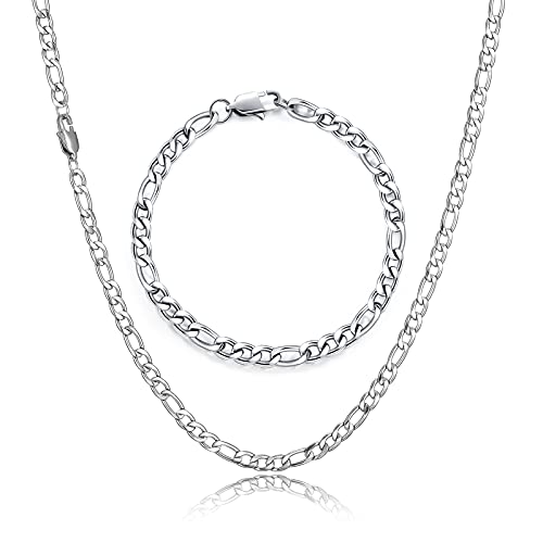 HSWYFCJY Figaro Kette für Damen Herren - Silber Edelstahl Halskette und Armband Set 18/20/22/24 Zoll
