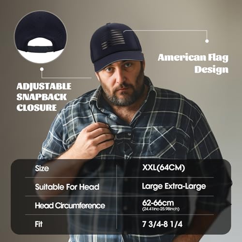 Image of Oversize XL XXL XXXL American Flag Trucker Hat, 250th Anniversary Snapback Hats, Large USA Baseball Cap for Men Big Heads