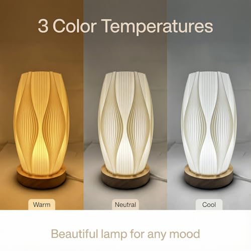Image of Small Bedside Lamp for Nightstand, 3D Printed Mini Table Lamp, 3 Color Temperatures Warm to Cool White, Cozy Small Lamp for Bedroom Dorm Tight Spaces, Ash Wood Base, 8.8 Inch Tall - Flame