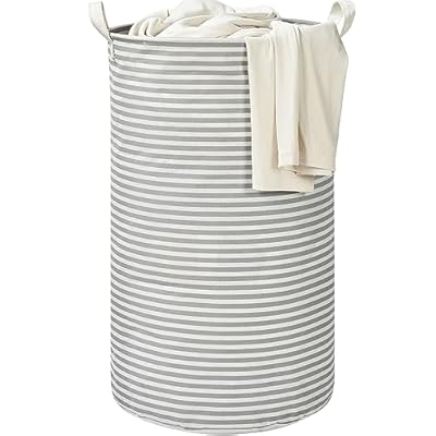 Haundry Thickened Tall Laundry Basket with Handle, Large Collapsible Round Laundry Hamper Bin Laundry Bag for Clothes Storage (Grey Stripe)