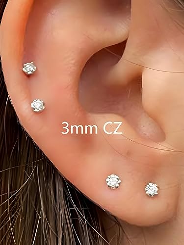 Handmade Tiny Flat Back Stud Earrings: 3 Pairs 14K Gold Plated Screw Flatback 2 3 4mm Cubic Zirconia Earrings Cartilage Piercing Jewelry for Women Helix Tragus Earlobe, Metal, Cubic Zirconia — view 3