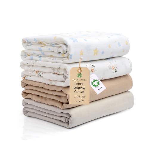 Image of Salt Earth GOTS Certified 100% Organic Cotton 2-Layered Swaddle Baby Blanket, 4 Pack, 47 inchx 47 inch Receiving Blankets for Swaddling, Wrap for Boy & Girl, Newborn Baby Essentials, Registry (Solids & Stars)