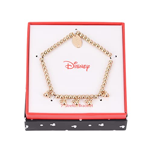 Disney Mickey Mouse Stretch Bracelet In Authentic Jewelry Gift Box, Gold Tone Beaded Balls With Hanging Character Shape Beads, Stretchable Elastic For Comfort Fit #TOP3