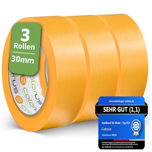 3 x Colorus Profi Soft Tape 30 mm x 50m | Professionelles Abkleben, Abdecken | Abklebeband Innen, Außen | Fineline Goldband zum Lackieren | Klebeband für Wandfarbe | UV beständig
