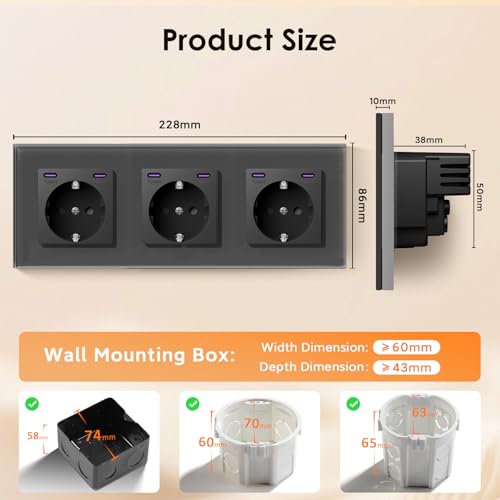 BSEED Schuko Steckdose mit Type C 20W Schnellladeger&auml;t, Typ C + Typ C Steckdose Unterputz, 3 Fach EU-Standard Wandsteckdose mit Glas Platte, 228mm, Grau