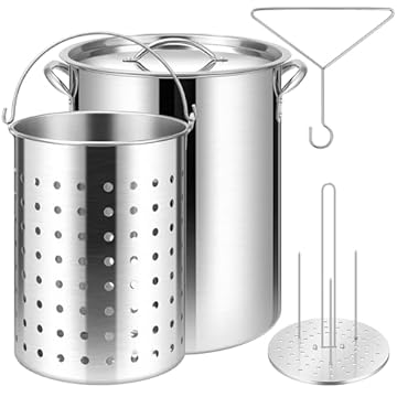 VIVOHOME Panela de fritadeira de peru de aço inoxidável de 30 litros com cesta, rack de peru e elevador de rack para cozinhar ao ar livre