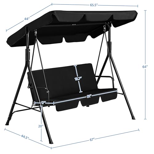 Image of Yaheetech 3-Seat Patio Swing Chair, Adjustable Canopy & Seat Cushion, Black | Outdoor Glider Swing, 550lb Capacity, Tilting Sunshade, Anti-Slip Pads, Weather-Resistant Fabric, Ez up, Sturdy A-Frame