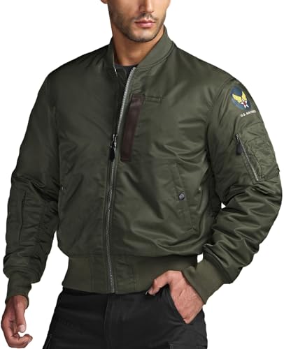 CQR Mens Casual Bomber Jacket Outdoor Fall/Winter Zip-Up Windbreaker Water Resistant Padded MA-1 Flight Jacket with Pocket Navigator AF Army Green Large