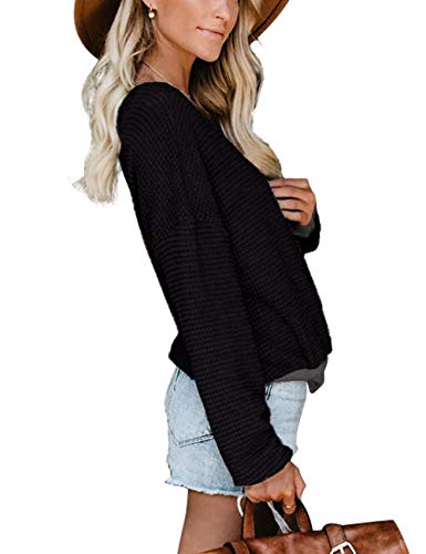 Black Sweaters for Women Long Sleeve Waffle Knit Shirts Sexy Deep V Neck N   ursing Tops M