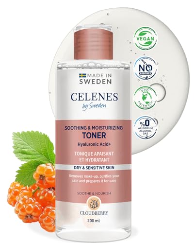 Celenes By Sweden Toner Visage Apaisant & Hydratant - 200Ml - Lotion Visage Pour Les Peaux Sèches Et Sensibles, Toniques Visages Sans Alcool Avec De L’Acide Hyaluronique Et De L’Extrait De Camomille