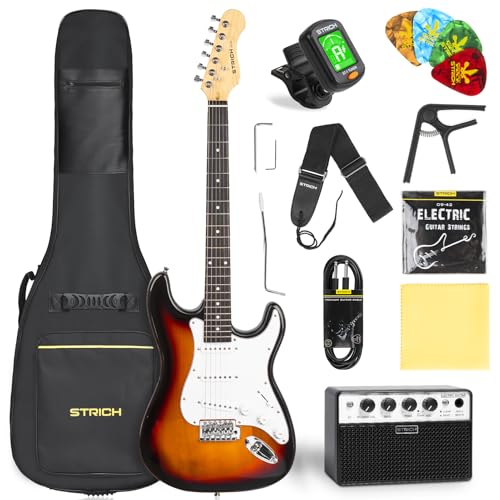 STRICH Electric Guitar Beginner Kit, Solid Body 39″ Full Size Electric Guitar SSS Pick Up for Starter, with 5W x 2 Amp, Bag, Digital Tuner, Capo, Strap, String,Cable, Picks, SST-S10 Sunburst