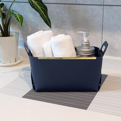 Image of Leather Portable Small Storage Basket for Desktop, Rectangle Decorative Box with Two Handles for Organizing, Storage Bin for Snack Sundries Cosmetics Stationery, 9.45''L5.5''W5.12''H (Navy)