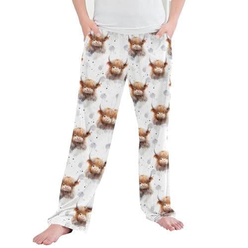 Cute Highland Cow Pattern Long Pajama Pants Elastic Waist PJ Bottoms with Pockets S A113322