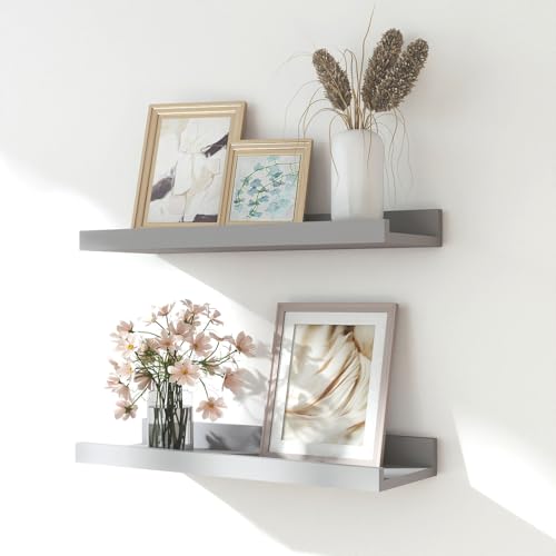 Solrot Floating Shelves for Wall Decor Wall Mounted Wood Storage Shelf for Bedroom Living Room Bathroom Kitchen Nursery Display Picture Ledge Shelf with Lip Set of 2-14 Inches Grey