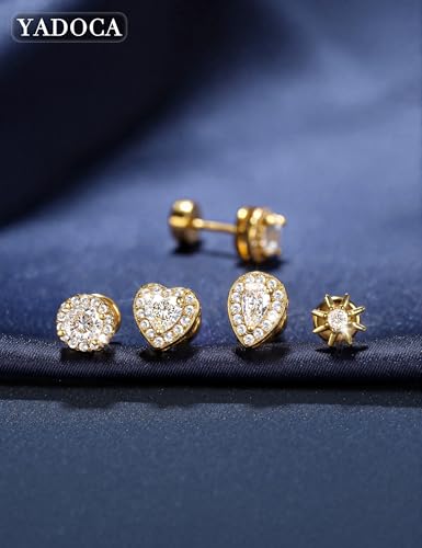 YADOCA 4 Pairs Flat Back Stud Earrings for Women Hypoallergenic 925 Sterling Silver Post Cubic Zirconia Earrings Set Halo Round Heart Square Diamond Silver Gold Studs — view 5