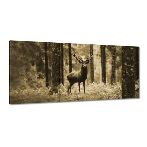 Tableau cerf dans la forêt sépia 150x70 cm, impression sur toile haut de gamme