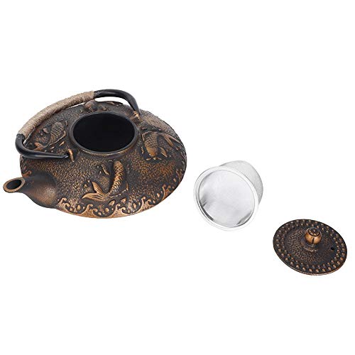 Liineparalle Tea Pot Retro Chinese Style Koi Pattern Iron Material Elegant Kettle Household Handle Water Tea Pot Collection with Lid 09 L for Home Tea Hause