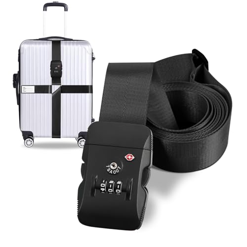 Sangle de Bagage Croisées, Sangle de Valise avec Serrure de Bagage Certifiée TSA, Ceintures de Valise de Réglables avec Étiquette de Bagage (Noir)
