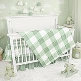 HNHUAMING 4-Piece Crib Bedding Set for Girls Boys, Baby Crib Bedding Set for Newborn & Infant, Neutral Nursery Bed Set Includes Comforter, Fitted Sheet, Crib Skirt, and Diaper Stacker, Green Checkered