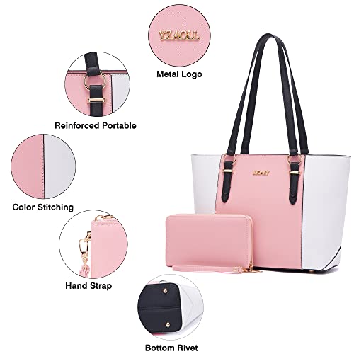 Purses For Women Large Tote Shoulder Color Blocking Handbags Top Handle Satchel Women Purse Wallet Set 2Pcs Pinkwhite #TOP6