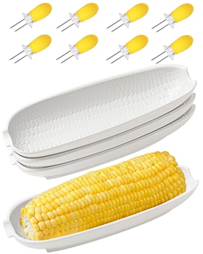 Ceramic Corn Cob Holders 9 Corn on the Cob Dishes Set of 4 White Corn Cob Dishes with Non-Slip Bottom With 8 Corn Cob Holders Microwave Dishwasher Oven Safe