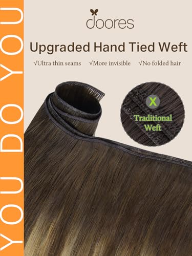 Image of DOORES Weft Remy Human Hair Extensions Handtied, 24 Inch Balayage Chocolate Brown to Caramel Blonde 60g, Human Hair Extensions Sew in