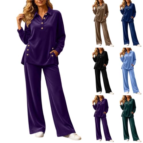 Velour Tracksuit Womens 2 Piece Collared Top Wide Leg Pants Velet Sweatsuit - image 1