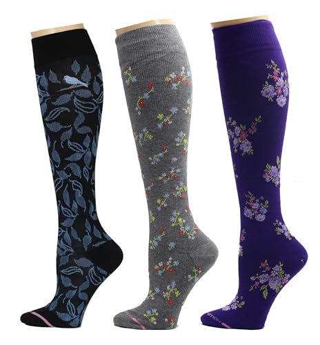 Dr. Motion Women's 3-Pack Floral Cmpression Knee Socks, Black/Grey/Black, 9-11