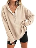 Kenhansion Womens Button Up V Neck Hoodies Fall Winter Long Sleeve Pullover Tops Fashion Drop Shoulder Side Slit Hem Outwear (Apricot,Medium)