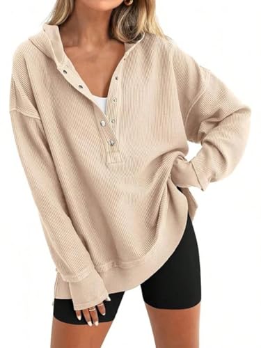 Kenhansion Womens Button Up V Neck Hoodies Fall Winter Long Sleeve Pullover Tops Fashion Drop Shoulder Side Slit Hem Outwear (Apricot,Medium)