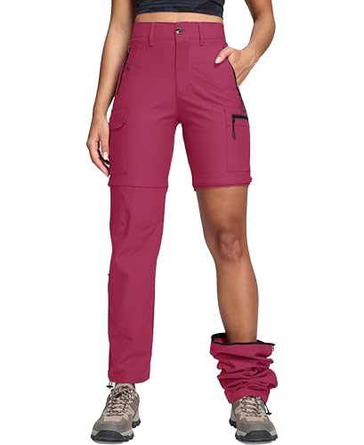 Oalka Women's Cargo Convertible Hiking Pants Zip Off Pockets Magenta L