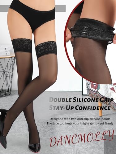 DancMolly Women’s Thigh High Stockings with Reinforced Lace Top, Silicone Stay Up Sheer Pantyhose4