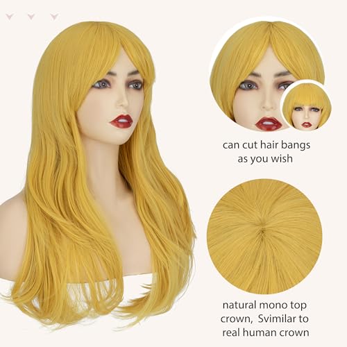 Image of S-noilite Yellow Wig with Bangs for Women 26 inch Long Wavy Cosplay Wig Heat Resistant Synthetic Hair Colorful Anime Costume Wig for Halloween Party