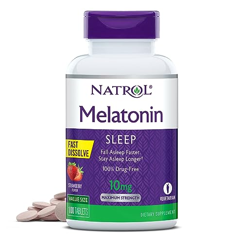 Natrol Melatonin 10mg, Strawberry-Flavored Sleep Support Dietary Supplement for Adults, 100 Fast-Dissolve Tablets, 100 Day Supply