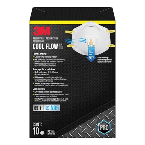 3M N95 Respirator 8511, 10 Pack, NIOSH-APPROVED N95, Features 3M COOL FLOW Exhalation Valve, Relief From Dusts & Certain Particles During Sanding, Pollen, Mold Spores, Dust Particles (8511DB1-A-PS)