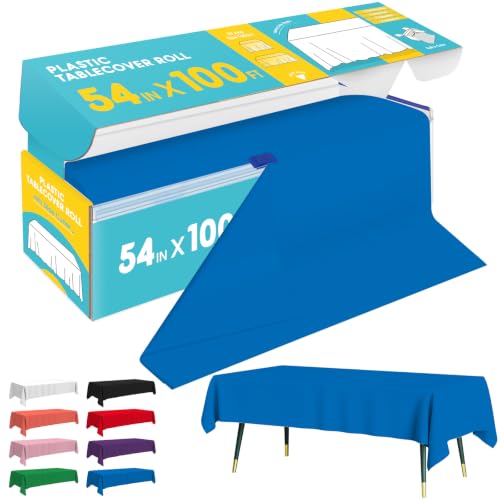 Image of Niuara Blue Plastic Table Cover Roll - 54IN x 100FT, Table Cloth for Rectangle Table with Slide Cutter, Plastic Table Cloth Disposable with Cut-to-Size Design for Weddings, Banquets, Parties