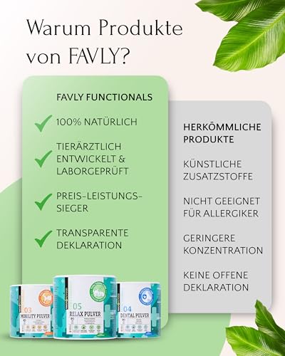FAVLY – Relax Pulver Beruhigungsmittel für Hunde 250g – getreidefreies Ergänzungsfuttermittel zur natürlichen Beruhigung bei Stress & Angst – mit Melisse, L-Tryptophan & Passionsblume