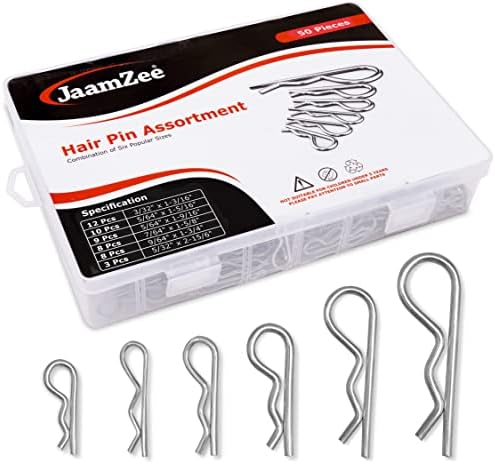 JaamZee Cotter Pins 50 Pcs r pins - Sturdy & Durable Alloy Steel - R- Shaped Heavy Duty Cotter Pin Assortment Kit in 6 Different Sizes - Perfect for Mechanics, Lawn Mowers, & RV Owners