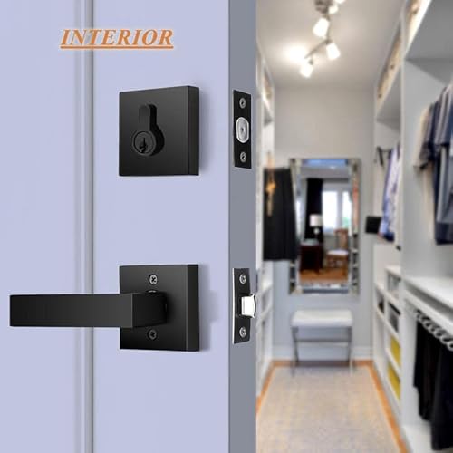 Probrico Flat Black Passage Door Lever With Double Cylinder Deadbolt Combo Keyed Alike, Modern Square Lock Set Handleset,Exterior Door Handle And Deadbolts Set,Exterior Door Lever Passage 2 Pack #TOP3