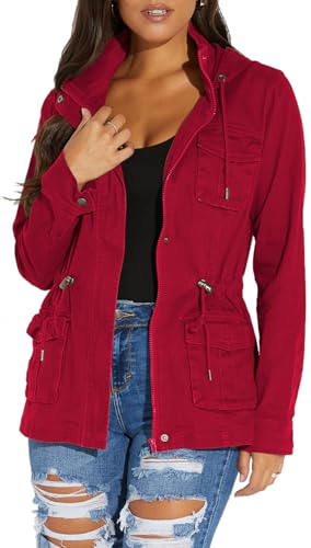 sexycherry Casual Bomber Hooded Jackets for Women Red Outwear Fall Coats