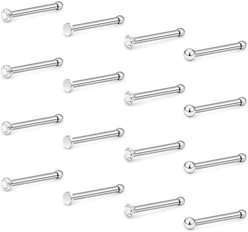 Hoeudjo Nose Studs Surgical Steel Cubic Zirconia Nose Rings Piercing Kit for Women Men Bone Nostril Rings Jewelry 20 Gauge with 1.5mm Ball Flat Silver Tone 16 Pieces