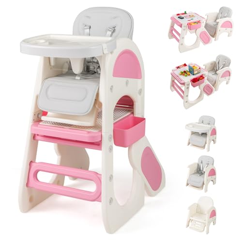Image of BABY JOY Baby High Chair, 8 in 1 Convertible High Chairs for Babies and Toddlers, Building Block Table and Chair Set, Adjustable Backrest, Removable Double Tray, Storage Boxes, Safety Harness (Pink)