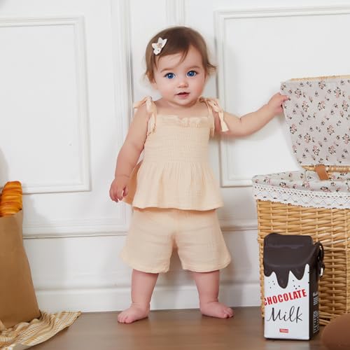 VISGOGO Infant Baby Toddler Girls Summer Clothes Solid Color Sleeveless Camisole Linen Short Set Baby Summer Outfits2