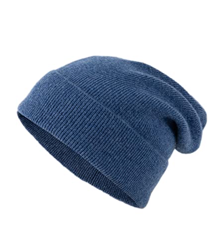 Unisex 100% Pure Cashmere Beanie, Ribbed Cuffed Hat Warm Soft with Gift Box for Women and Men, Navy Blue, One Size
