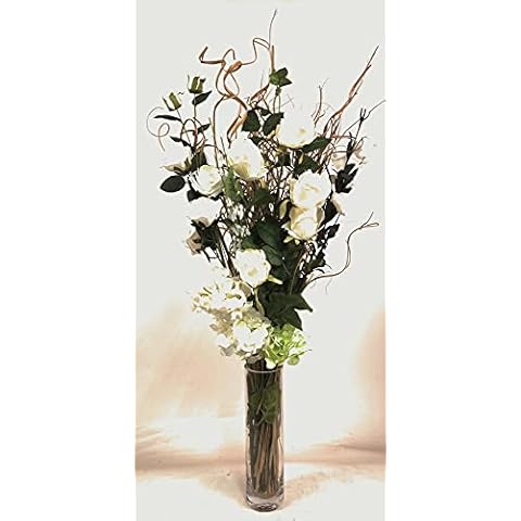 Variety of Cream Roses and grasses display clear vase 95 cm tall Cover