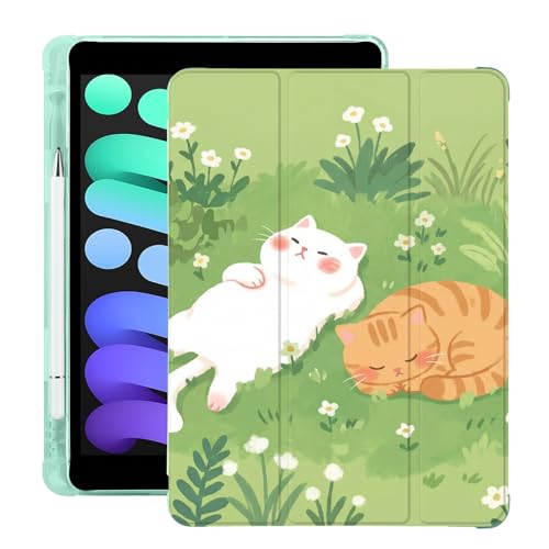 Coque iPad Mini 7 A17 Pro 2024 avec porte-crayon étui cuir vert chaton