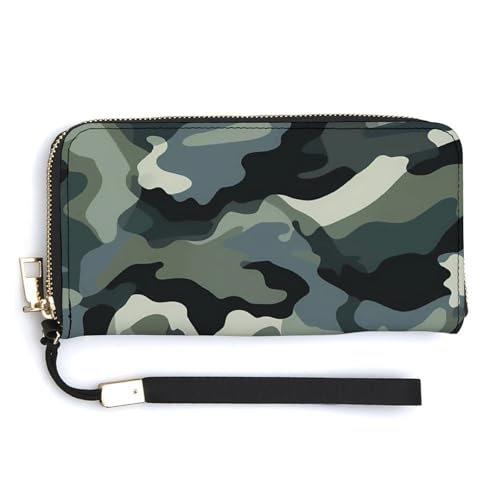 Camouflage Print Leather Wallet Fashion Bifold Purse Long Pouch with Wrist Strap for Men Women